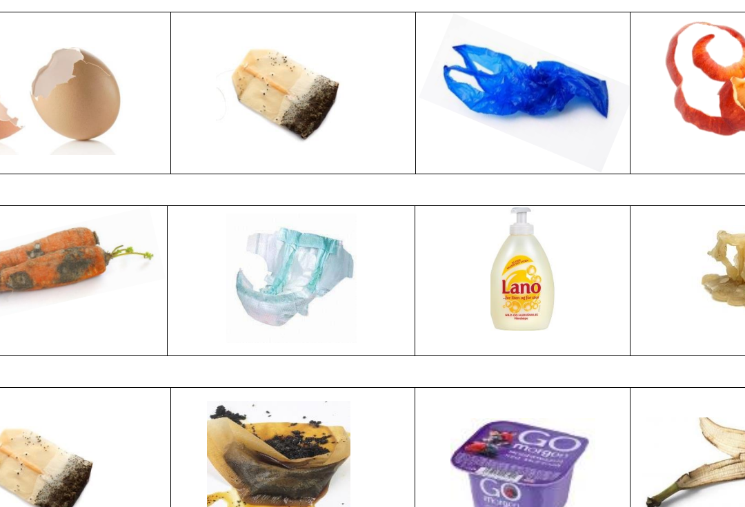 Forskjellige produkter som kan kildesorteres, en pose, en tepose, en bleie og en såpe