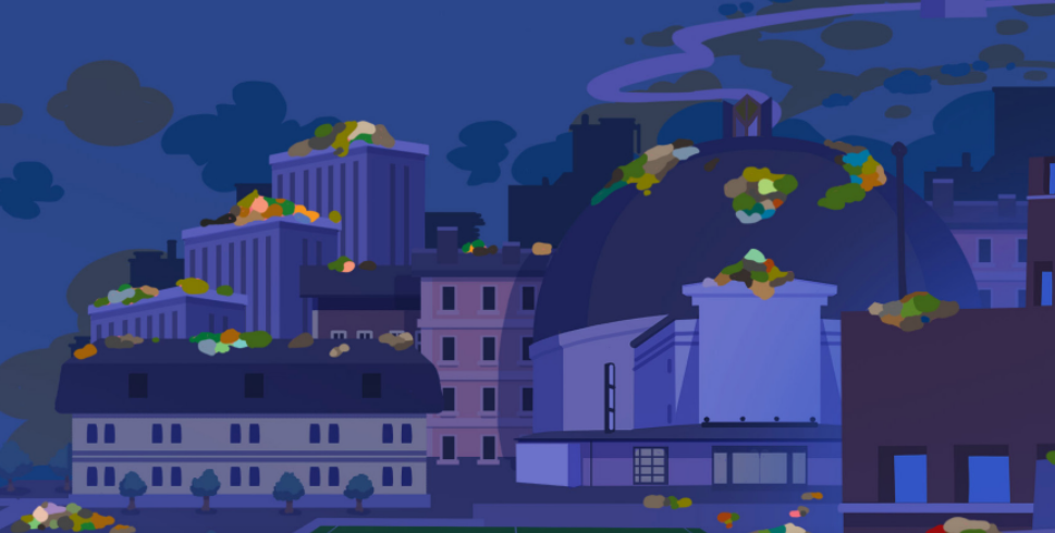 Søppel som ligger over en by illustrasjon