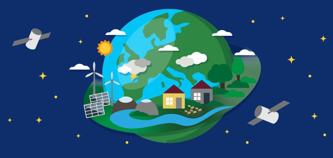 illustrasjon av en jordklode med hus, skyer og vindmøller