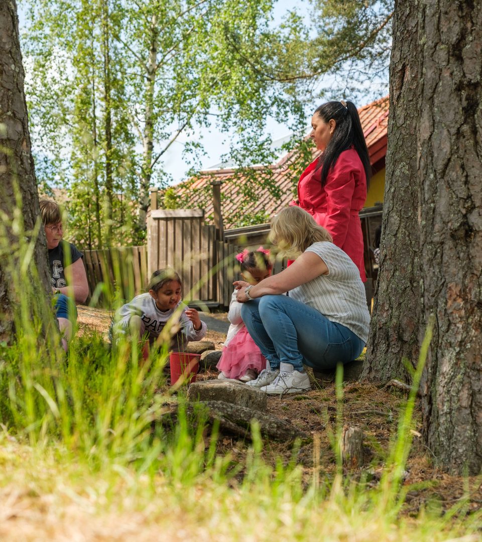 Barn som leker i skogen med grønt gress og trær