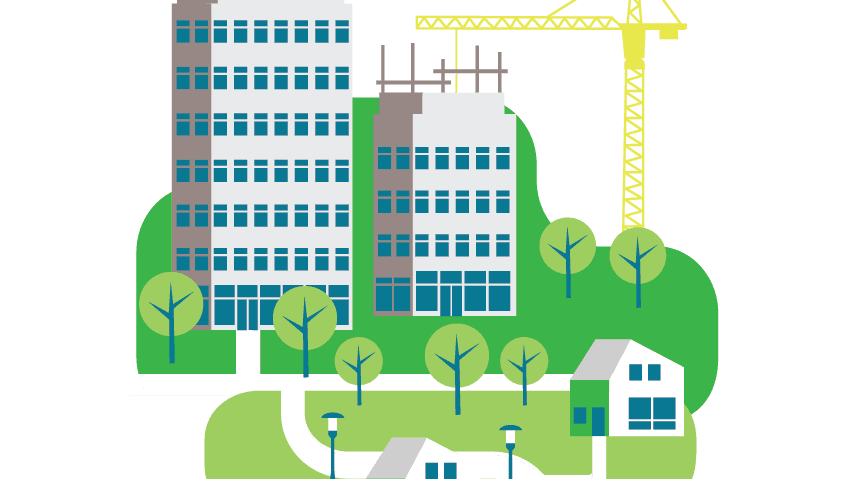 illustrasjon av ulike bygg i et byområde - Oslos klimaarbeid