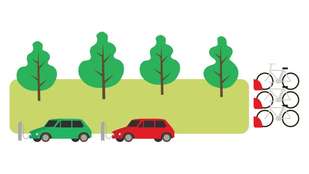 illustrasjon av biler, sykler og trær i et grøntområde - Oslos klimaarbeid